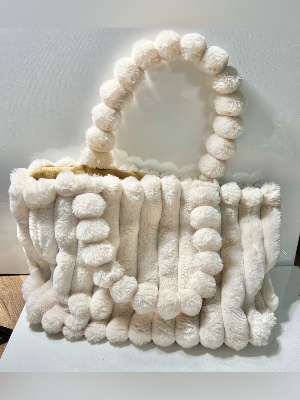 Plush Pom Pom Tote Bag in Cream